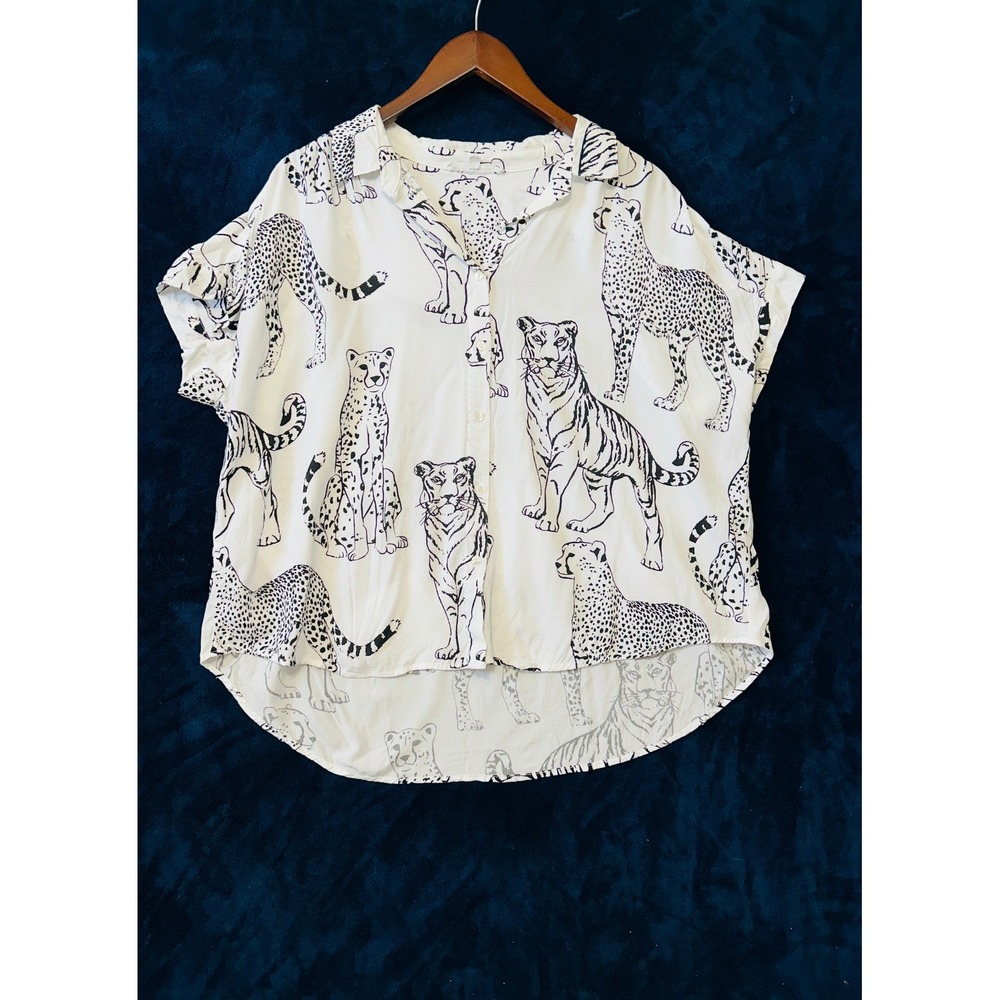 Anthropologie Jane + Delancey Tiger Leopard Print Button Down Shirt XL Cat Lover